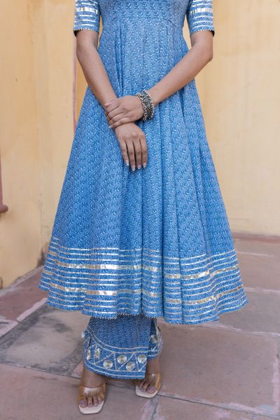 Dusty Blue Mirror-Trail Anarkali Set