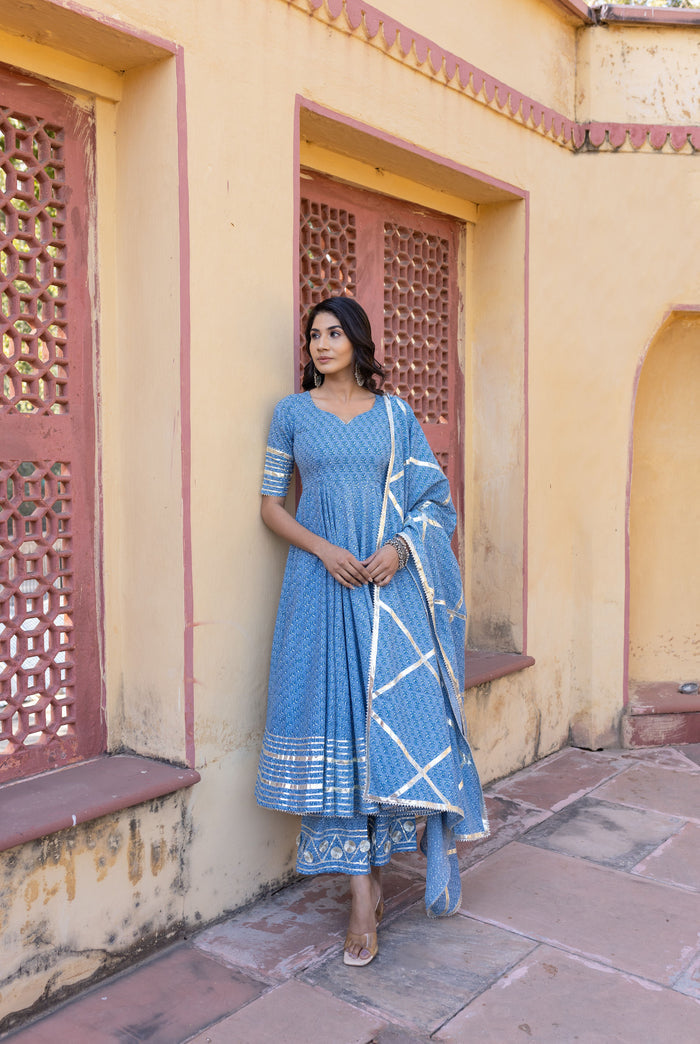 Dusty Blue Mirror-Trail Anarkali Set