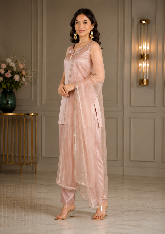 Dusty Brown Silk Set With Pearl-Studded Neckline