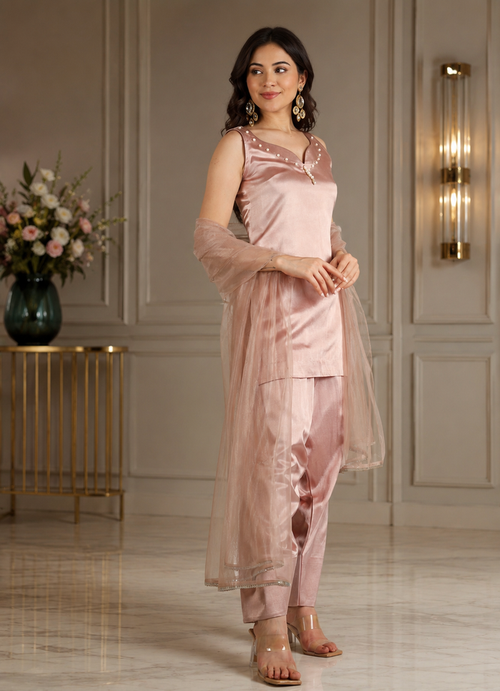 Dusty Brown Silk Set With Pearl-Studded Neckline