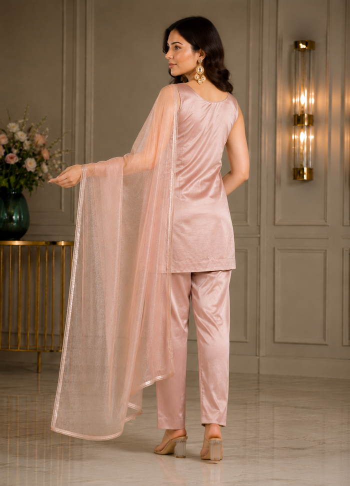 Dusty Brown Silk Set With Pearl-Studded Neckline