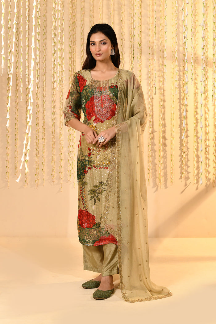 Dusty Green Floral Printed Tissue Kurta Set