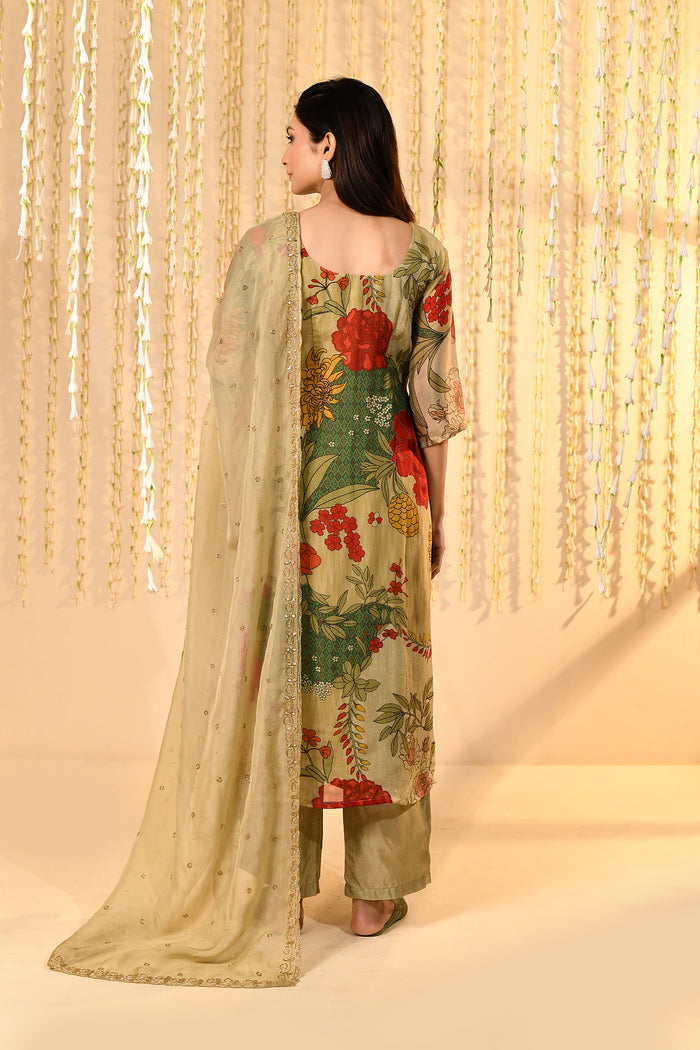 Dusty Green Floral Printed Tissue Kurta Set