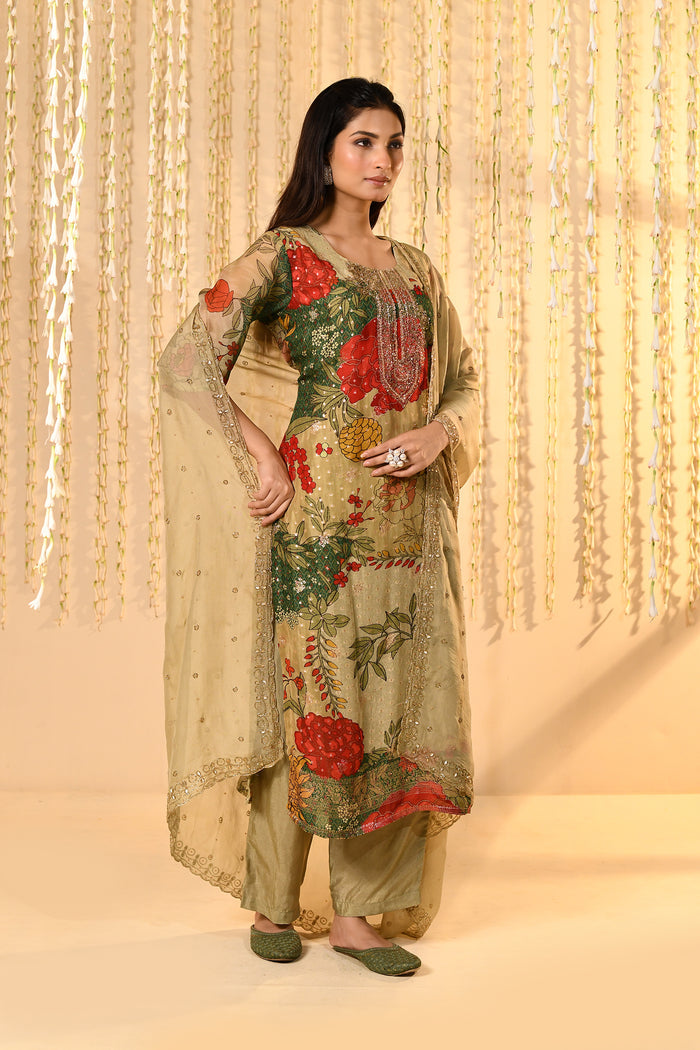 Dusty Green Floral Printed Tissue Kurta Set