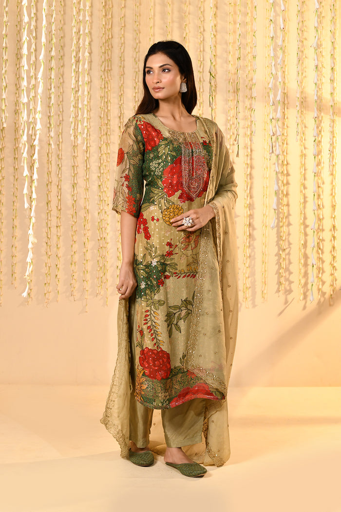 Dusty Green Floral Printed Tissue Kurta Set