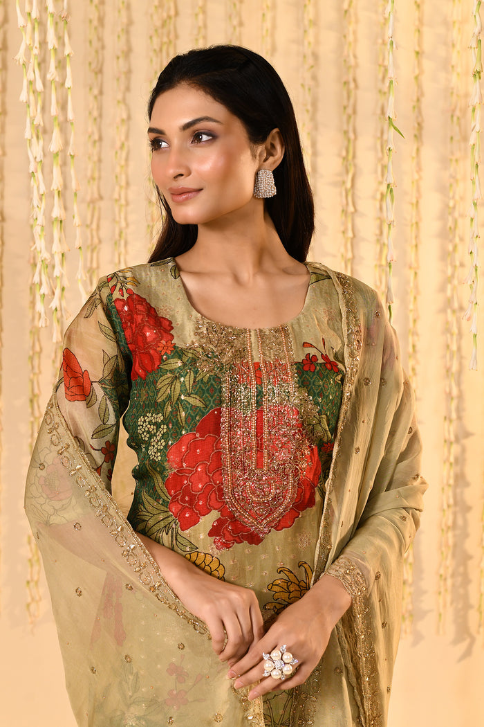 Dusty Green Floral Printed Tissue Kurta Set
