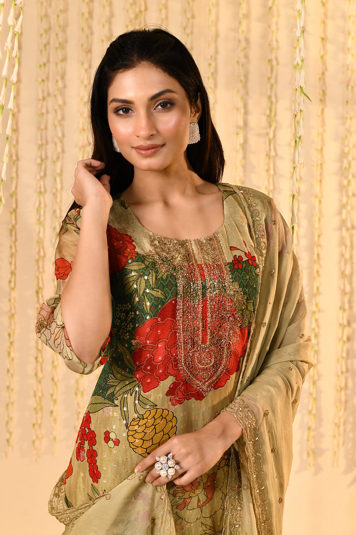 Dusty Green Floral Printed Tissue Kurta Set