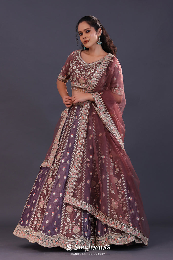 <img> Dusty Lavender Tissue Silk Embroidered Lehenga Set