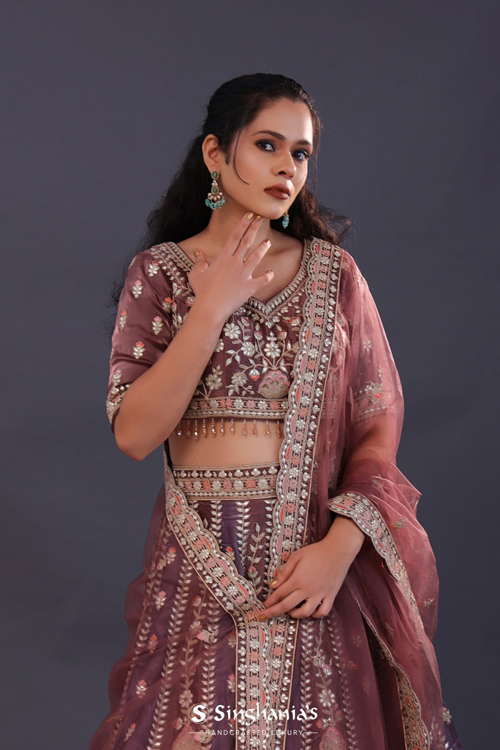 <img> Dusty Lavender Tissue Silk Embroidered Lehenga Set