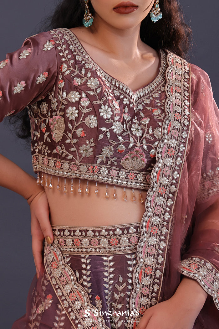 <img> Dusty Lavender Tissue Silk Embroidered Lehenga Set