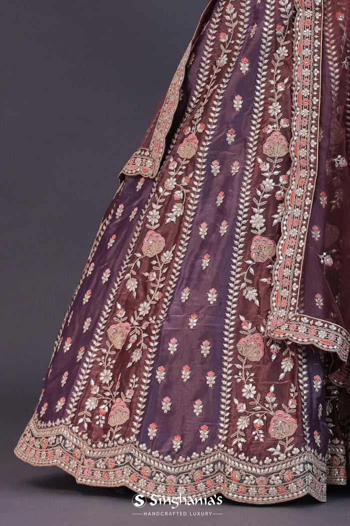 <img> Dusty Lavender Tissue Silk Embroidered Lehenga Set
