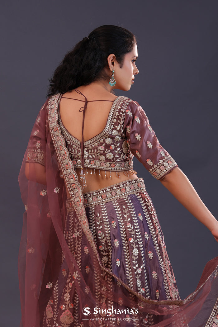 <img> Dusty Lavender Tissue Silk Embroidered Lehenga Set