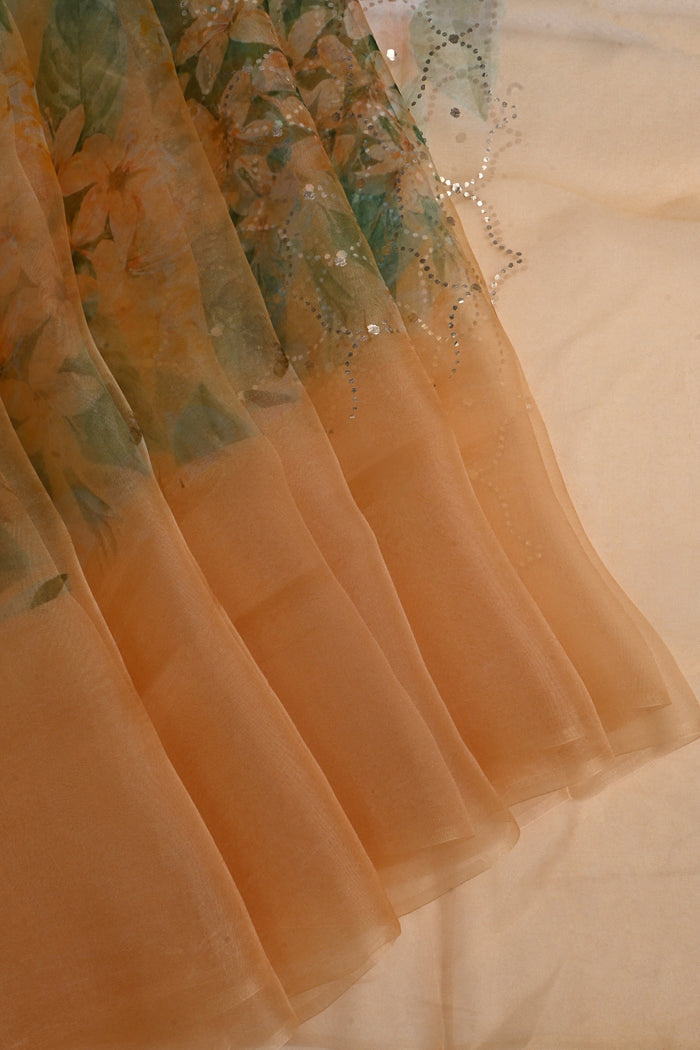 Dusty Multicolour Printed Organza Saree