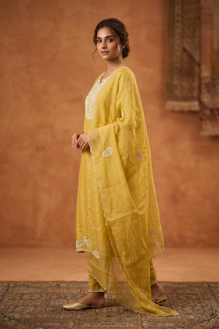 Dusty Muted Yellow Embroidered Satin Silk Kurta Set