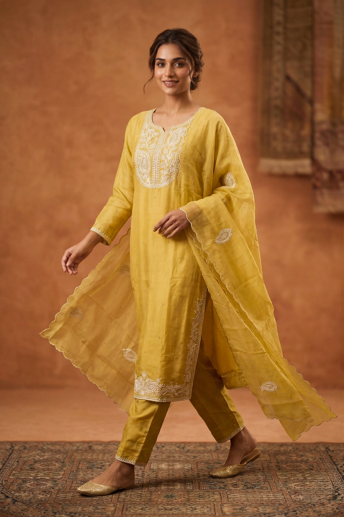 Dusty Muted Yellow Embroidered Satin Silk Kurta Set