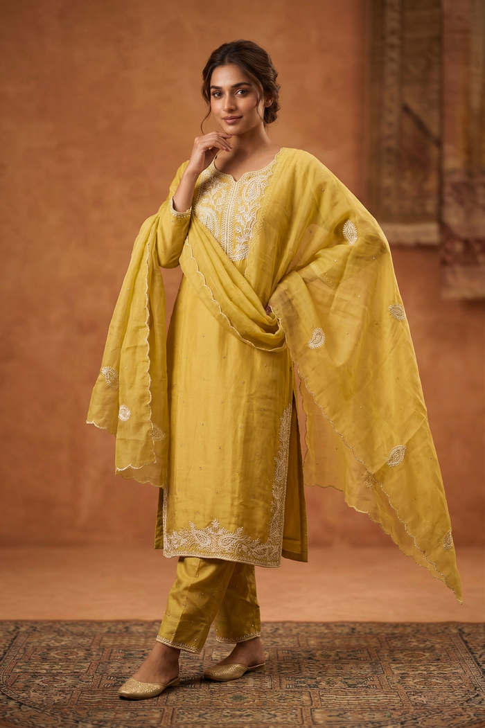 Dusty Muted Yellow Embroidered Satin Silk Kurta Set