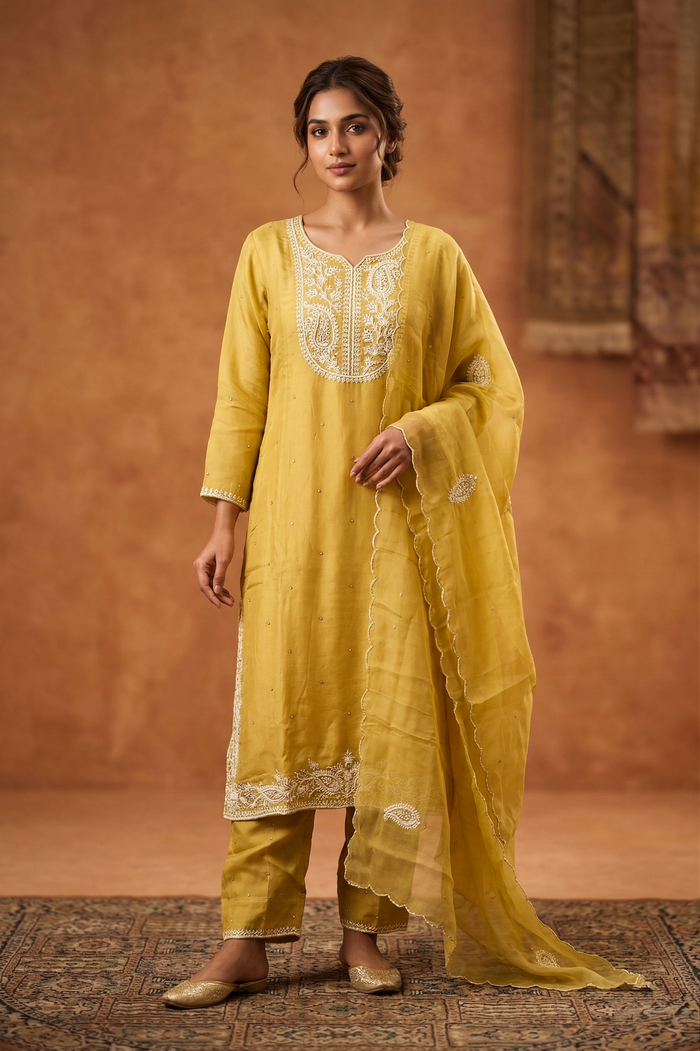 Dusty Muted Yellow Embroidered Satin Silk Kurta Set