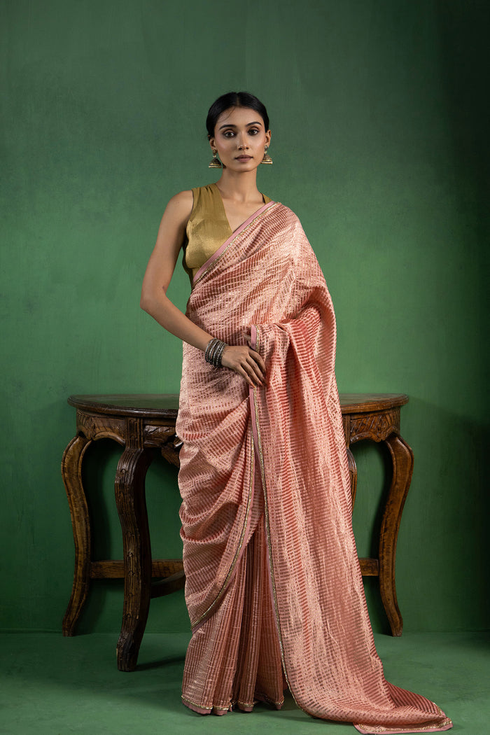 Dusty Pink Chanderi Saree With Zari Stripes