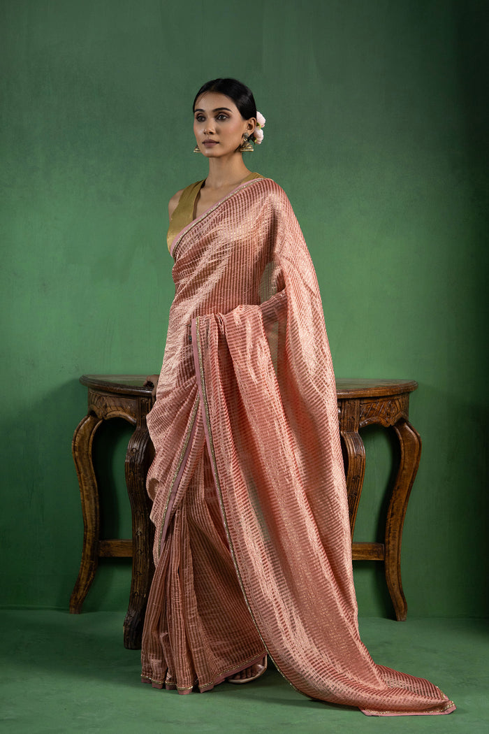 Dusty Pink Chanderi Saree With Zari Stripes