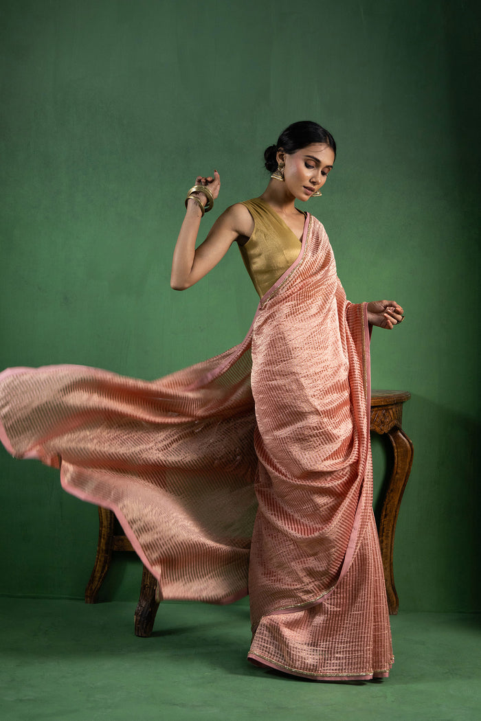 Dusty Pink Chanderi Saree With Zari Stripes