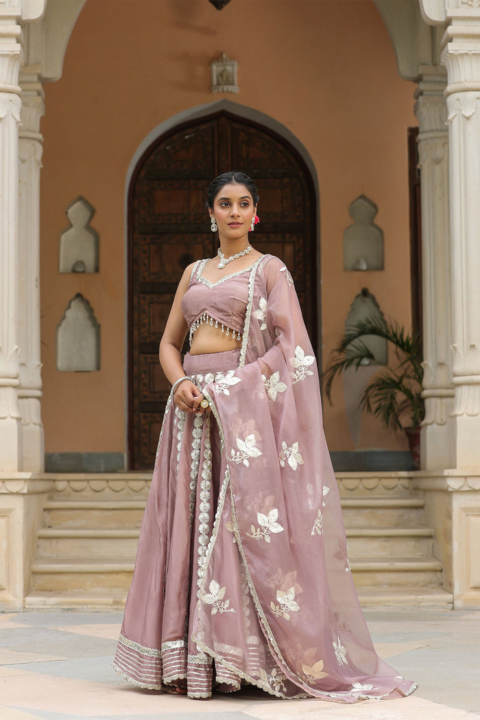 <img> Dusty Pink Crepe Gota Work Lehenga Set