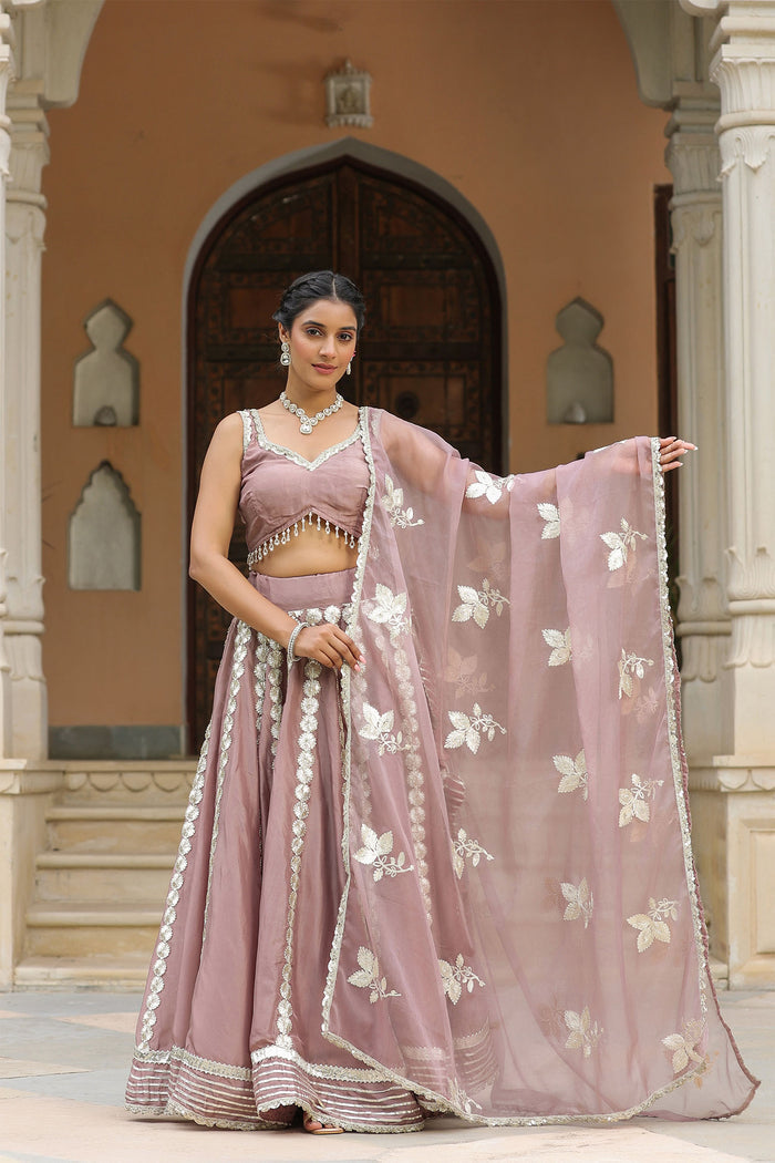 <img> Dusty Pink Crepe Gota Work Lehenga Set