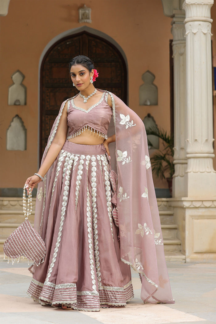 <img> Dusty Pink Crepe Gota Work Lehenga Set