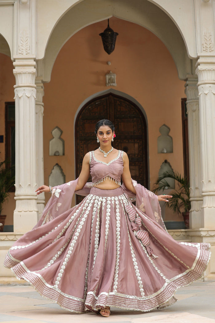 <img> Dusty Pink Crepe Gota Work Lehenga Set