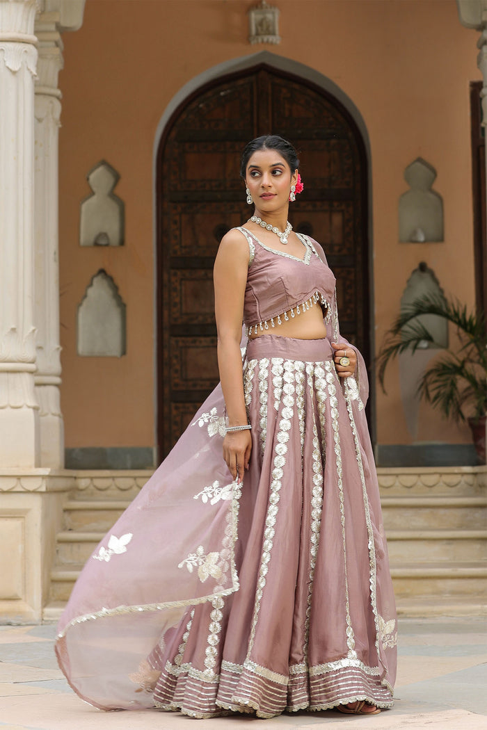 <img> Dusty Pink Crepe Gota Work Lehenga Set