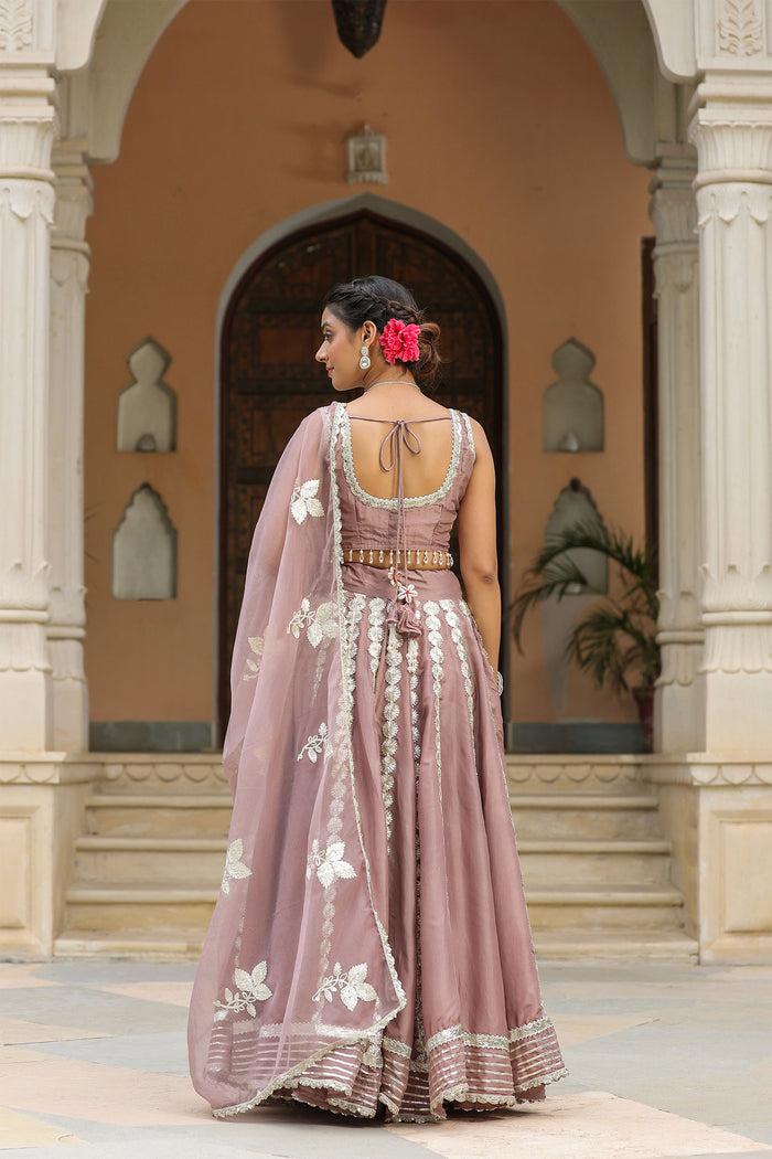 <img> Dusty Pink Crepe Gota Work Lehenga Set