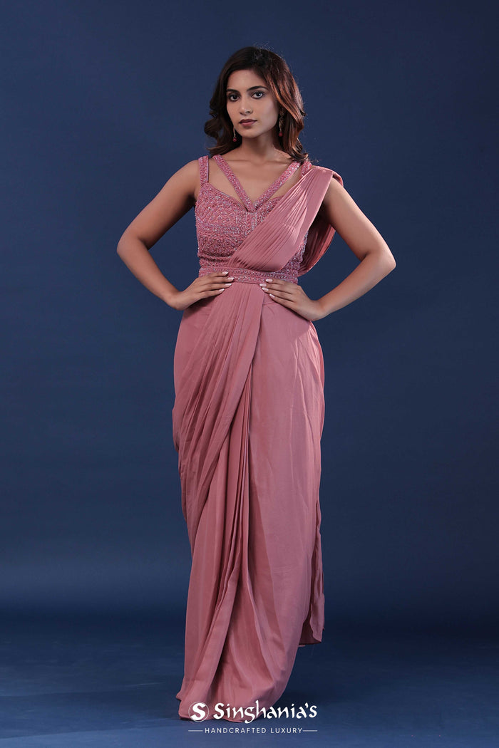 Dusty Pink Crepe Ready Made Saree