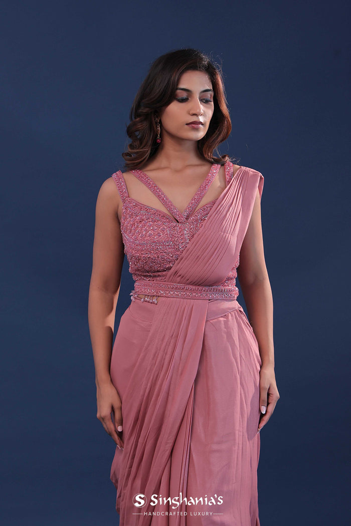 Dusty Pink Crepe Ready Made Saree