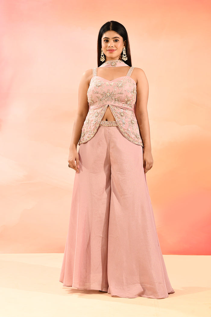 Dusty Pink Embroidered Peplum Set With Flared Pants