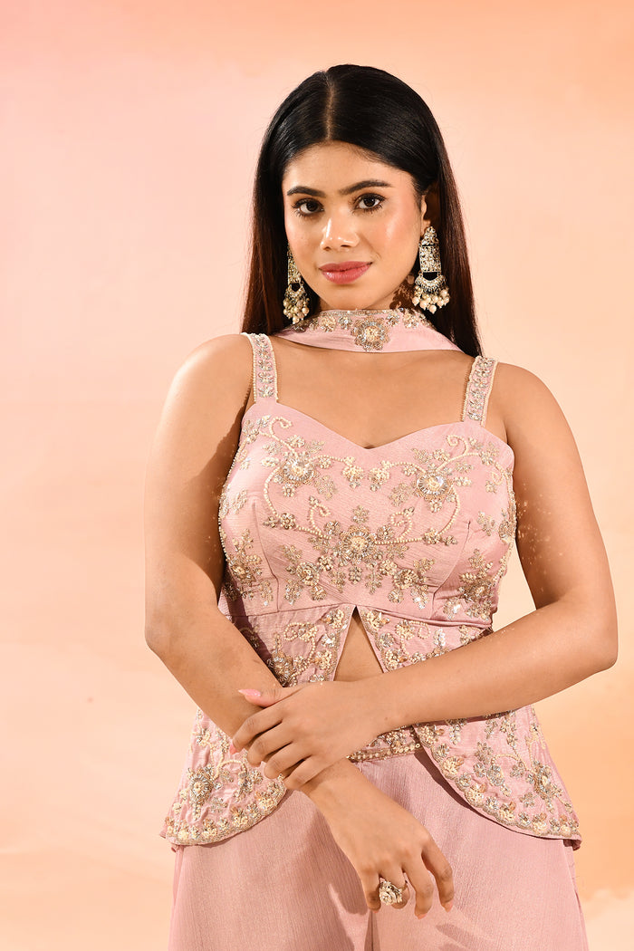 Dusty Pink Embroidered Peplum Set With Flared Pants