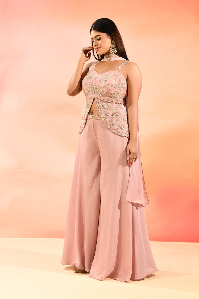 Dusty Pink Embroidered Peplum Set With Flared Pants