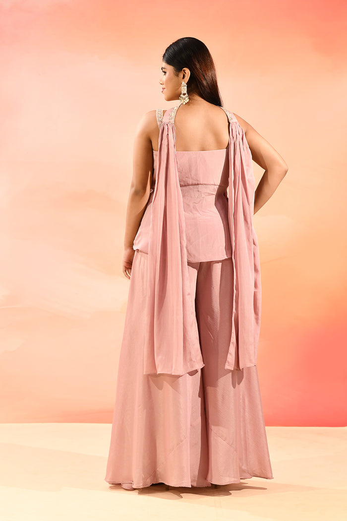 Dusty Pink Embroidered Peplum Set With Flared Pants