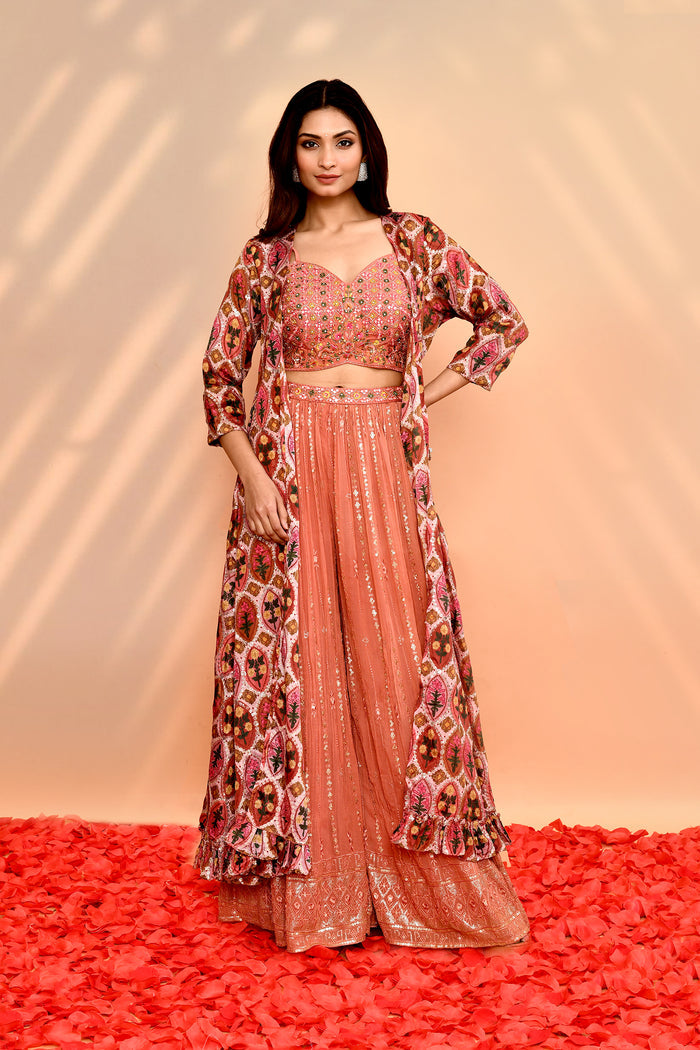 Dusty Pink Georgette Floral Indo-Western Set