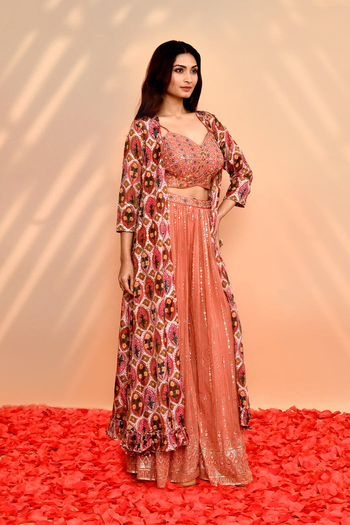 Dusty Pink Georgette Floral Indo-Western Set