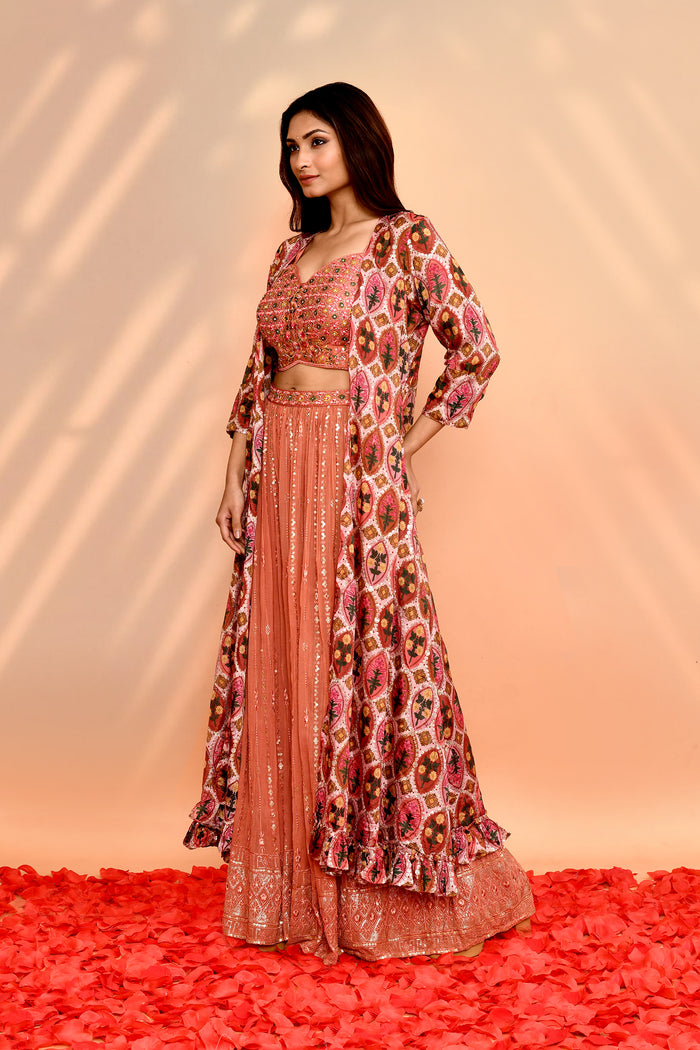 Dusty Pink Georgette Floral Indo-Western Set