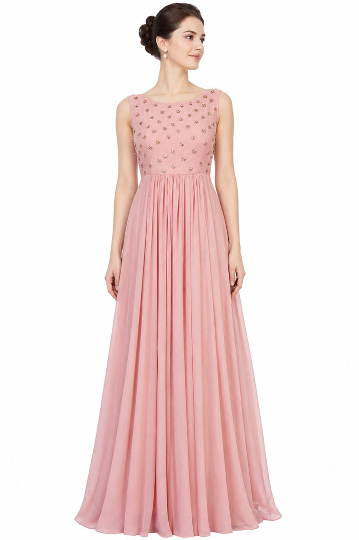 Dusty Pink Stone Embellished Flared Gown