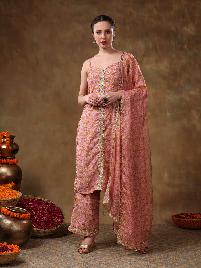 Dusty Rose And Mustard Printed Blended Fabric Straight Suit Set