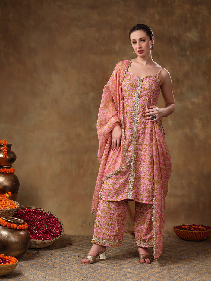 Dusty Rose And Mustard Printed Blended Fabric Straight Suit Set