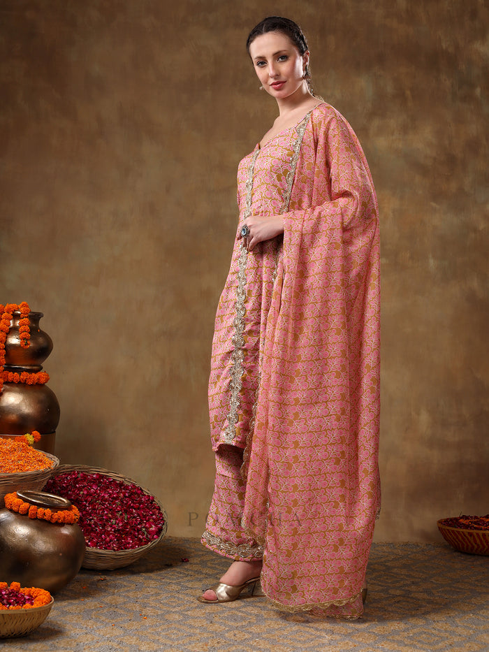 Dusty Rose And Mustard Printed Blended Fabric Straight Suit Set