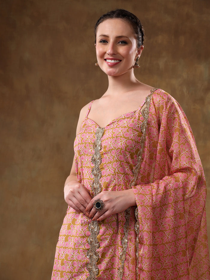 Dusty Rose And Mustard Printed Blended Fabric Straight Suit Set