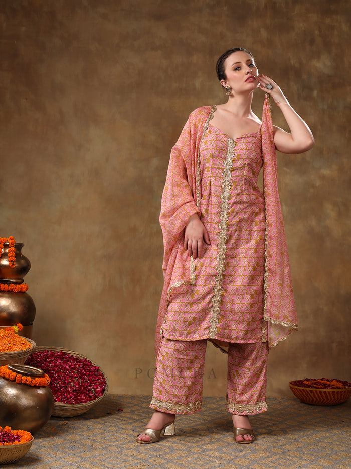 Dusty Rose And Mustard Printed Blended Fabric Straight Suit Set