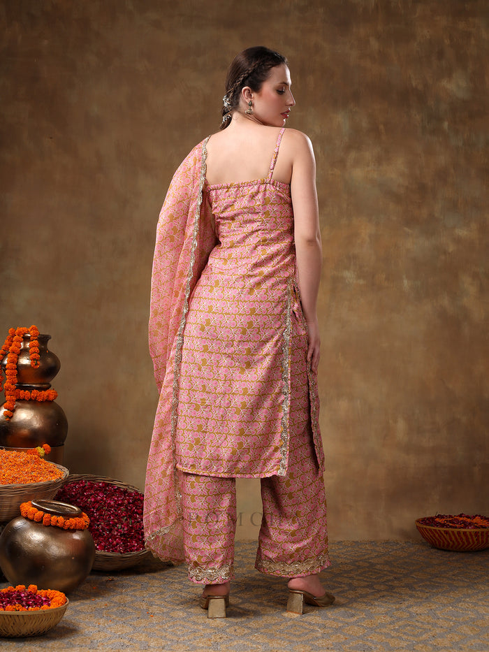 Dusty Rose And Mustard Printed Blended Fabric Straight Suit Set