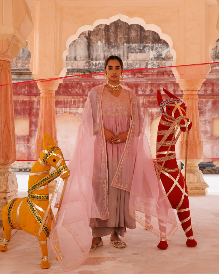 Dusty Rose Chanderi Anarkali With Golden Vine Work
