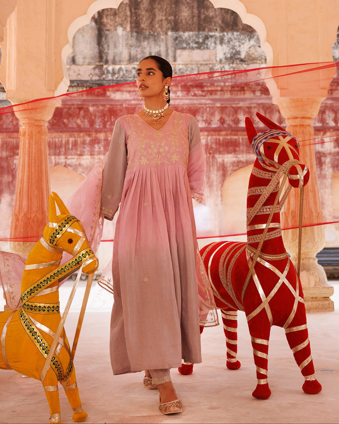 Dusty Rose Chanderi Anarkali With Golden Vine Work