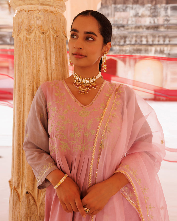 Dusty Rose Chanderi Anarkali With Golden Vine Work
