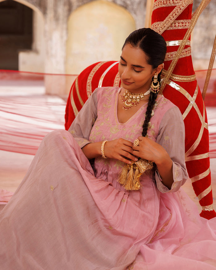 Dusty Rose Chanderi Anarkali With Golden Vine Work